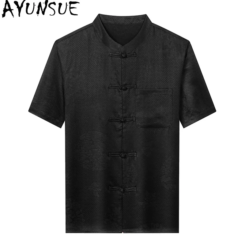 

Мужская рубашка AYUNSUE из 100% натурального шелка тутового шелкопряда, люксовая летняя модель 2026 года, с коротким рукавом, в китайском стиле, черная