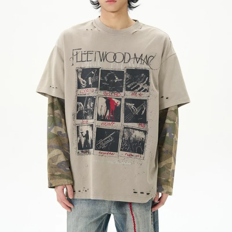 Autumn Japanese Retro Fake Two Piece Long Sleeved T-shirt for Men Ruffian Cool Streetwear Top Camo Splicing Sweatshirts Trendy