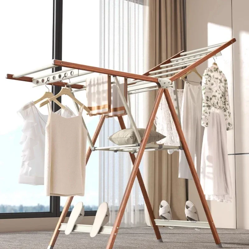 

Original Wood Style Folding Clothes Rack Floor Indoor Garment Stand Home Balcony Clothes Rod Lightweight Aluminum Quilt Dryer