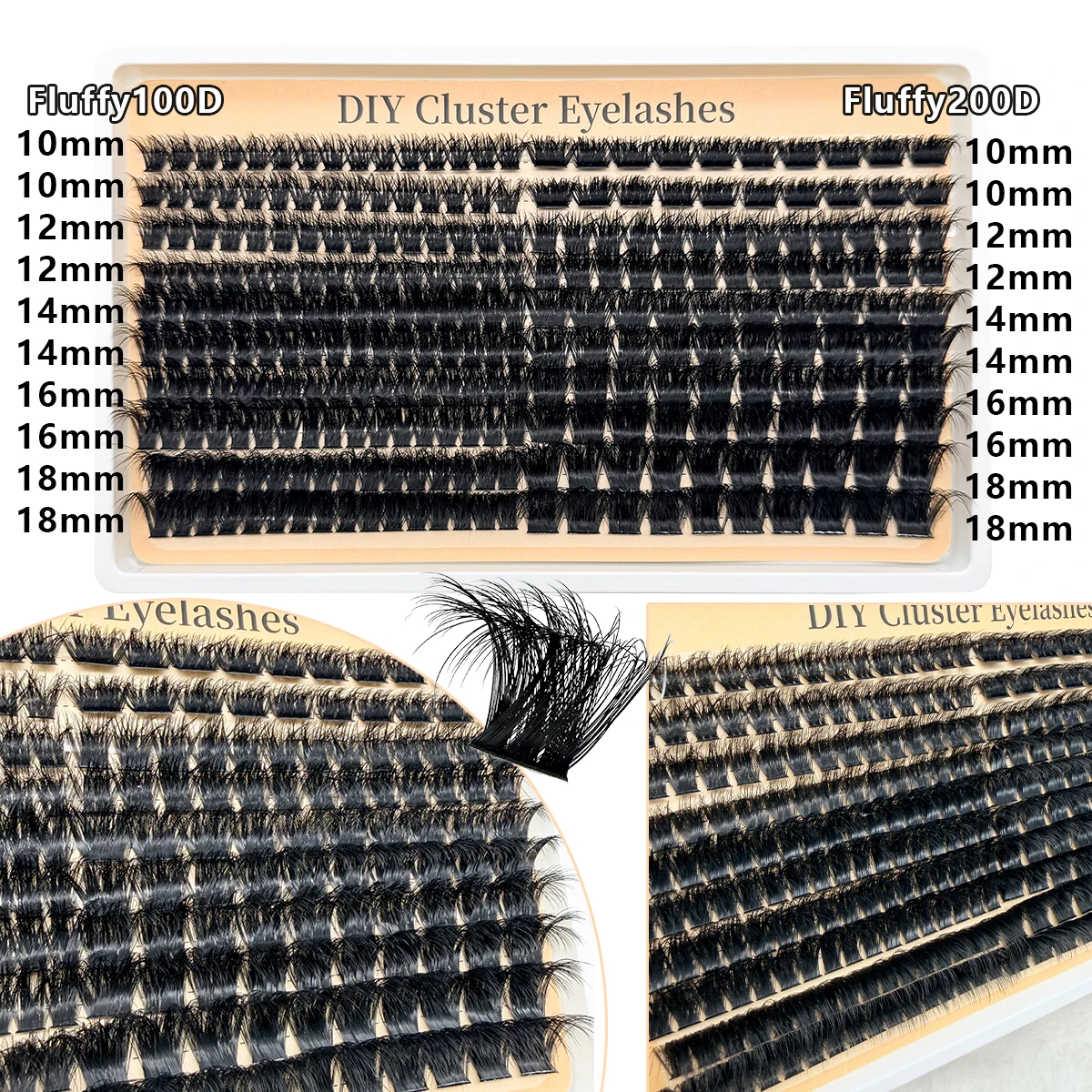 HBZGTLAD Neues Spiky Fluffy Wimpernbündel 80D-200D Ultra Dichtes Wimpernbündel 10-18mm Wispy Einzelne Dicke Curl-Wimpern