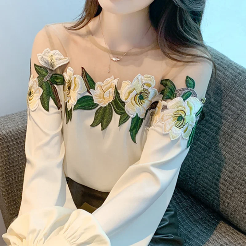 Autumn Mesh Patchwork Long Lantern Sleeve Shirt Spring Embroidered Satin Blouse O-neck Tops Women\'s Clothes Elegant New 24976