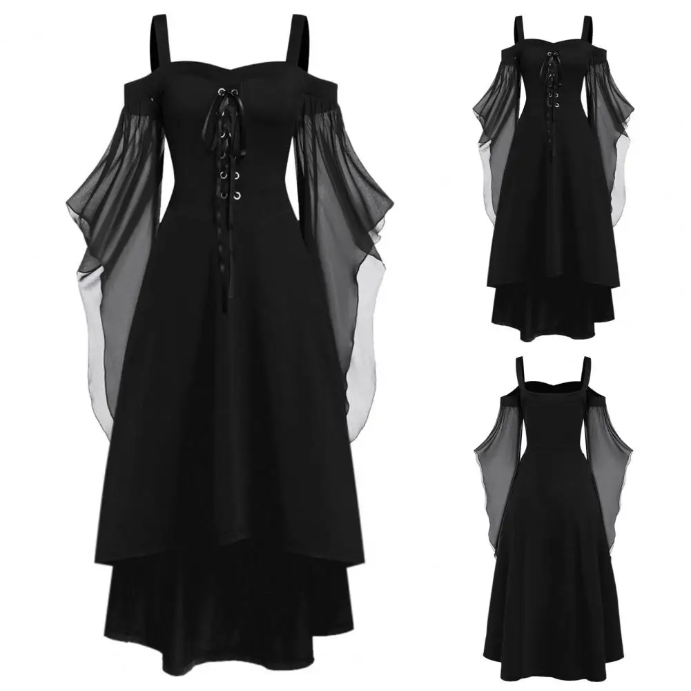 

Dark Fantasy Dress Gothic Witch Halloween Costume with Lace-up Strap Collar Long Horn Sleeves Women's Cosplay Dress for Party