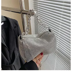 1pcs New Portable Fashion Women'S Crossbody Bag With Bright Diamonds And Metal Chains Pu Material For Dinner Parties Everyday