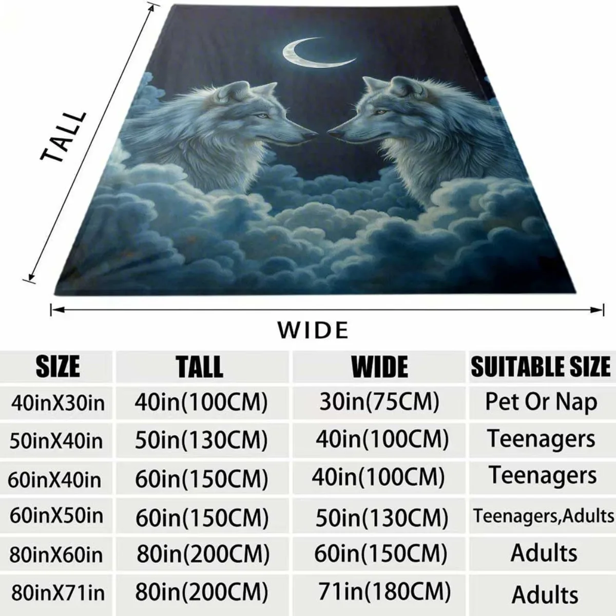Crescent Moon Twin Wolves Flannel Throw Blanket Two Grey Wolves Face To Face In Clouds Under Glowing Crescent Moon
