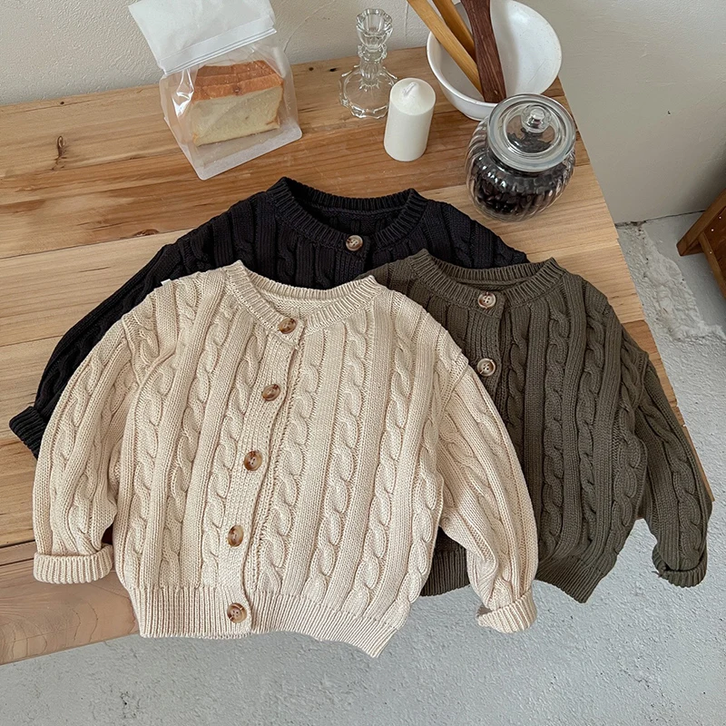 

Autumn Winter Korean Style Kids Knitted Cardigan Long Sleeved Solid Color Casual Loose Sweater Coat Baby Girl Boy Cardigan Coat