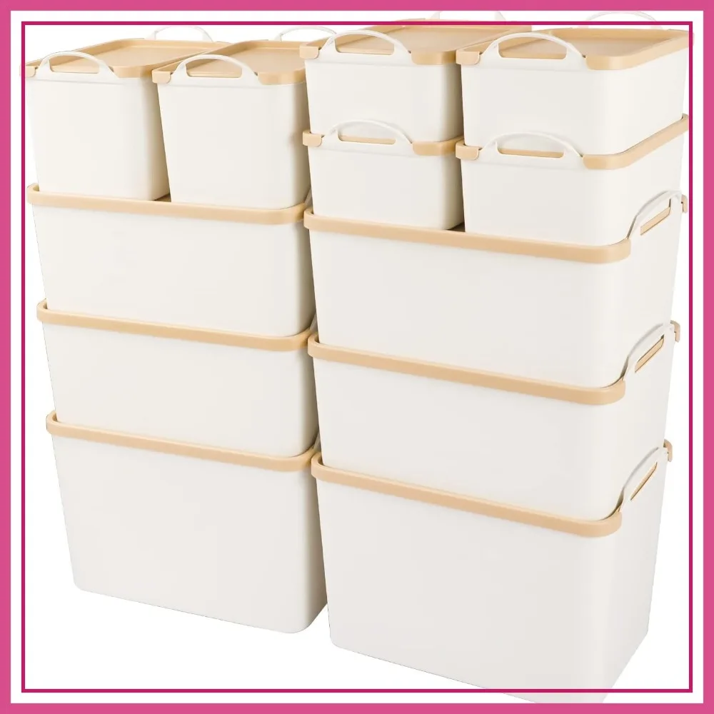 12PCS Plastic Storage Bins with Lids, Large Organization Boxes for Closet Shelves Desktop, Wheat Lids, 2XL+4L+2M+4S
