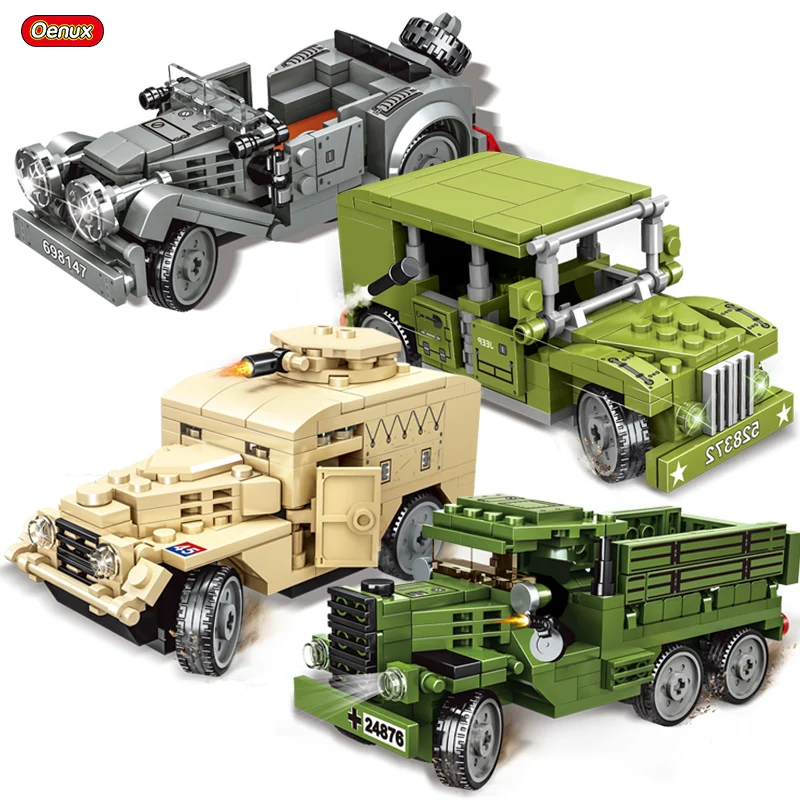 Oenux 8pcs WW2 Mini US Army Soldiers Figure Military Small Building Block Set Military Tank Motorcycle Vehicle MOC Brick Kid Toy