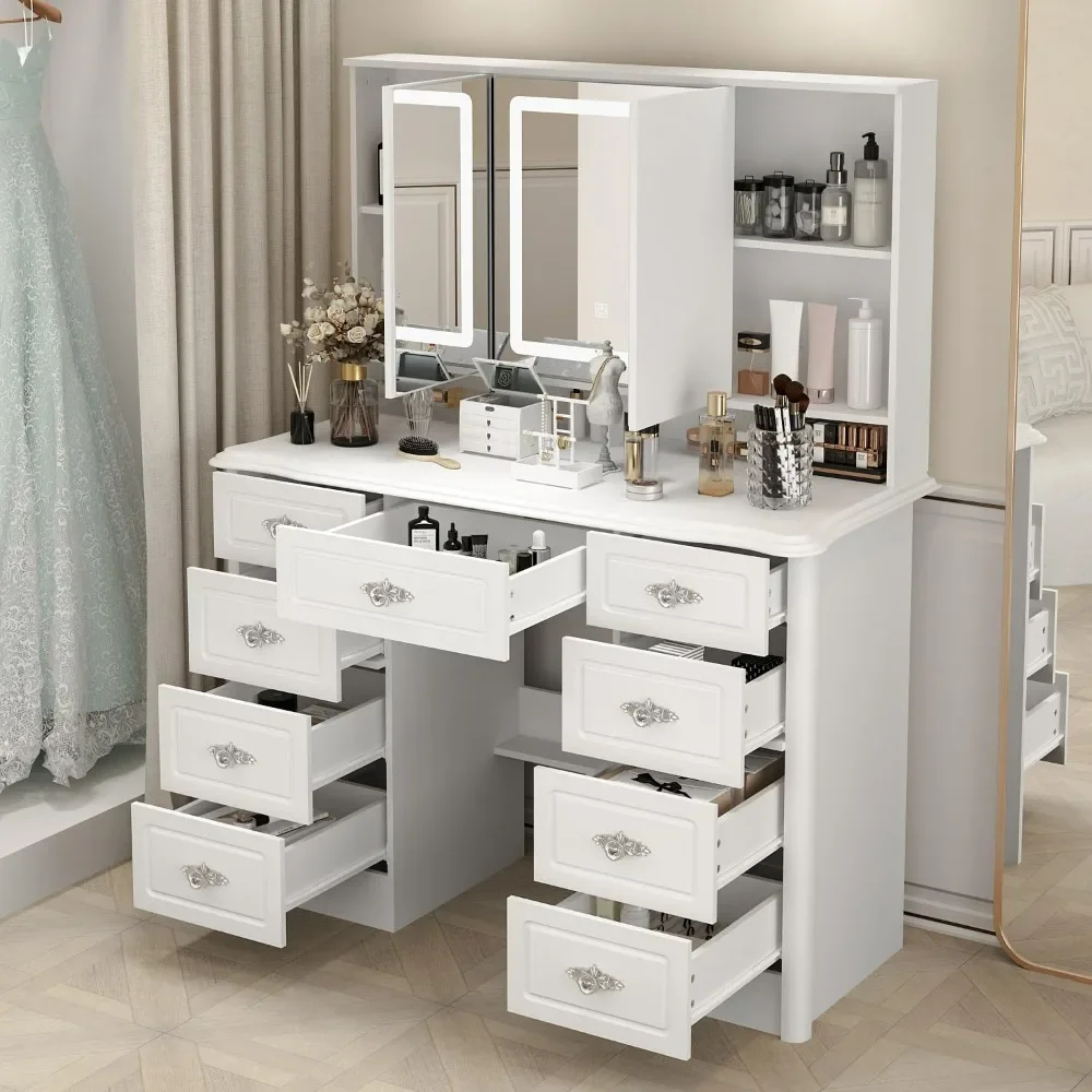 Modern dressing table with 9 drawers, hidden shelves and foldable mirrors, 3 colors of lighting, adjustable brightness, white