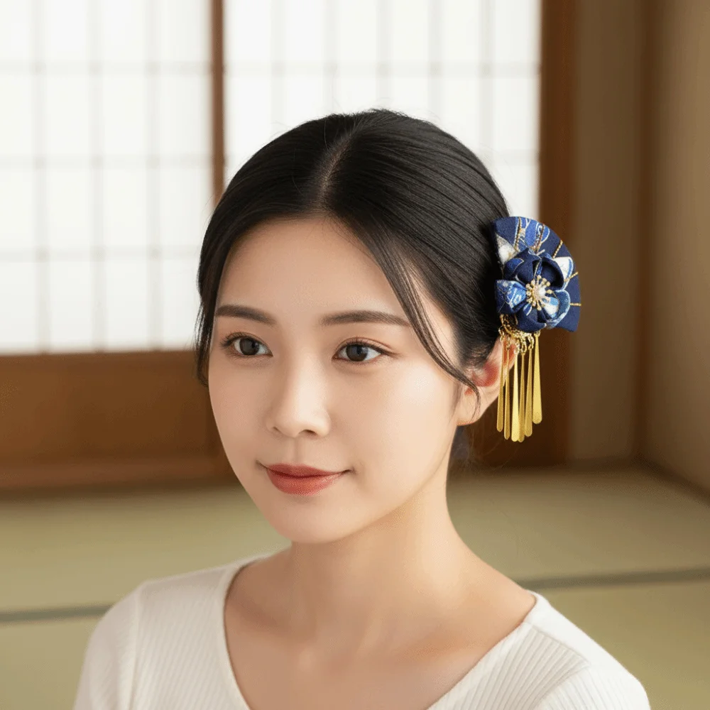 Elegant Kimono Hair Clip Traditional Metal Tassel Faux Pearl Decor Hair Clip Sakura Flower Cloth Flower Hair Accessories