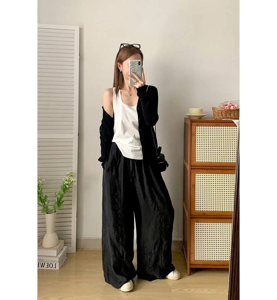 

Bla Wide Leg Pants Women's Spring Summer Heavy Copper Ammonia Tead Dstring Casual Trousers Floor-Length Lazy Pants