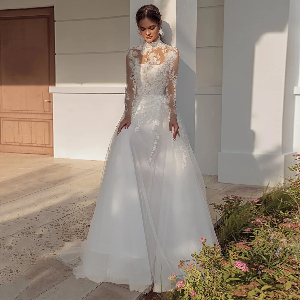 Bohemian High Collar A-line Appliques Wedding Dress Ladies Buttons Back Corset Long Sleeves Bridal Dress with Sweep Train