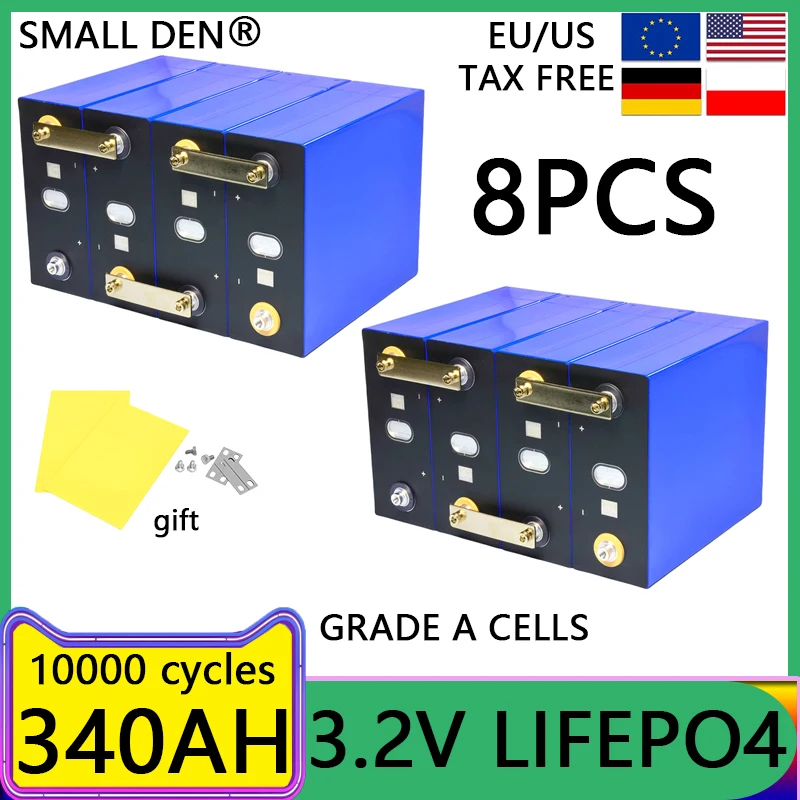 8PCS 340Ah Lifepo4 Battery 3.2V Lithium iron phosphate Rechargeable batteries For DIY 12V 48V EV RV Solar Camping Grade A