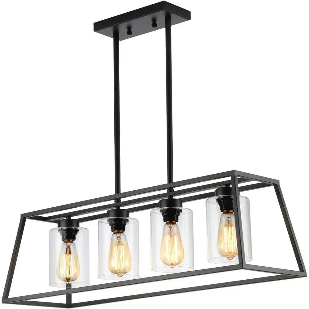 

Rustic Kitchen Island Lighting Fixture, 4-Light Linear Pendant with Glass Shade, Suitable for Dining Room Over Table