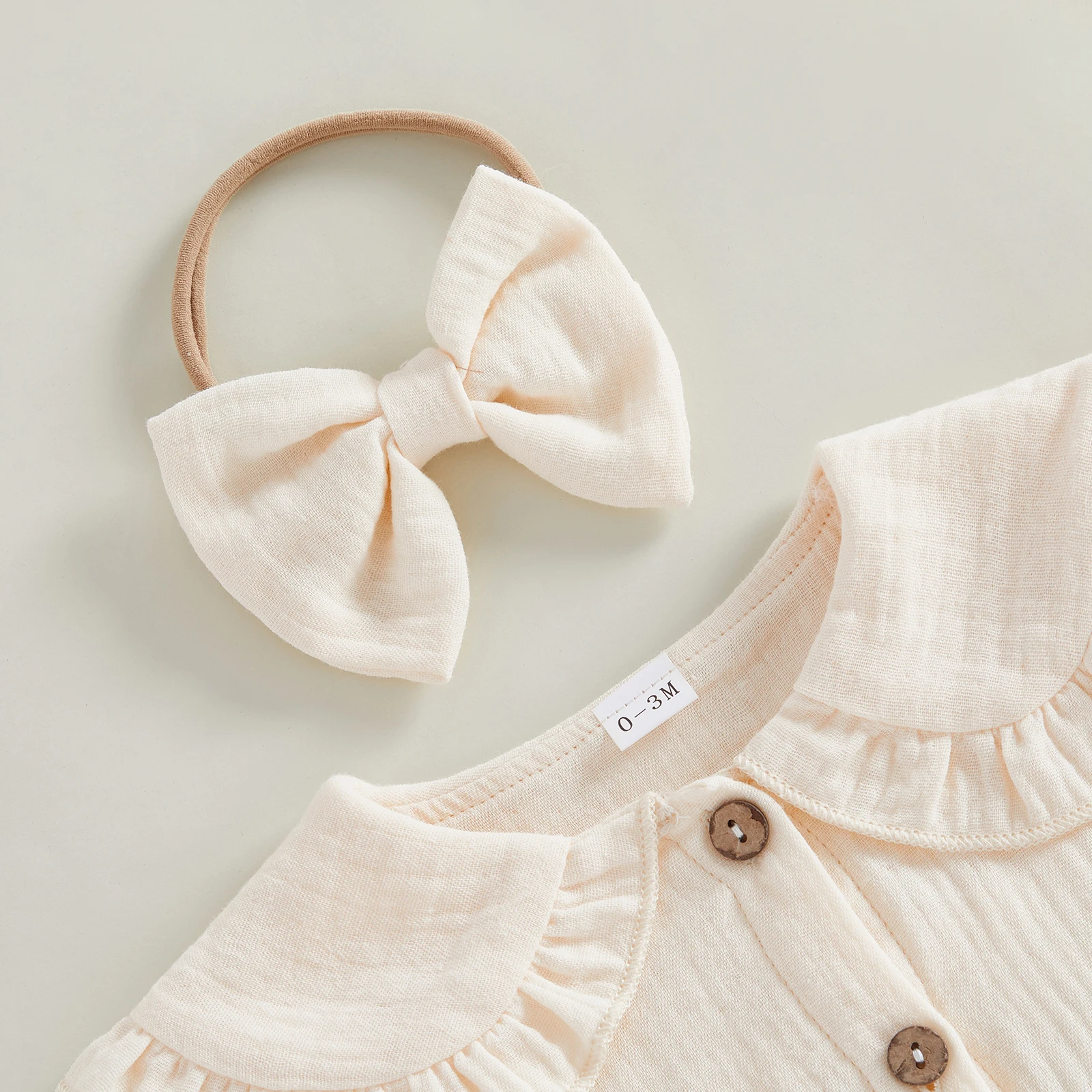 

Baby Girls 2 Piece Outfits Adorable Solid Color Short Sleeve Doll Collar Romper and Headband Set