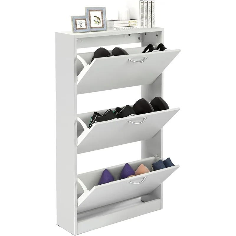 Entrance Shoe Locker, White Narrow Shoe Locker Flip Shoe Rack Wood 3 Level Locker for Home and Apartment