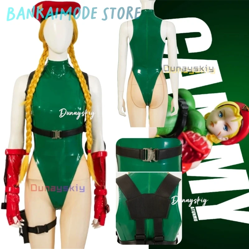 

Sexy Cammy Cosplay Costume Street Fighter V 6 5 Sexy Green Bodysuit Leather Latex White Halloween Wig jumpsuit hat suit roleplay