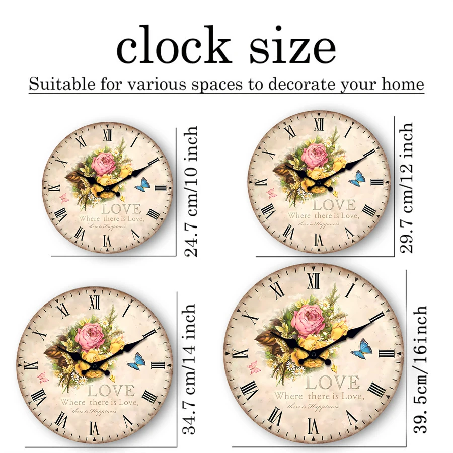 European-Style Floral Blue Butterfly Pattern Wooden Wall Clock for Living Room, Bedroom, Kitchen, Home Decoration, Silent Quartz Clock, Holiday