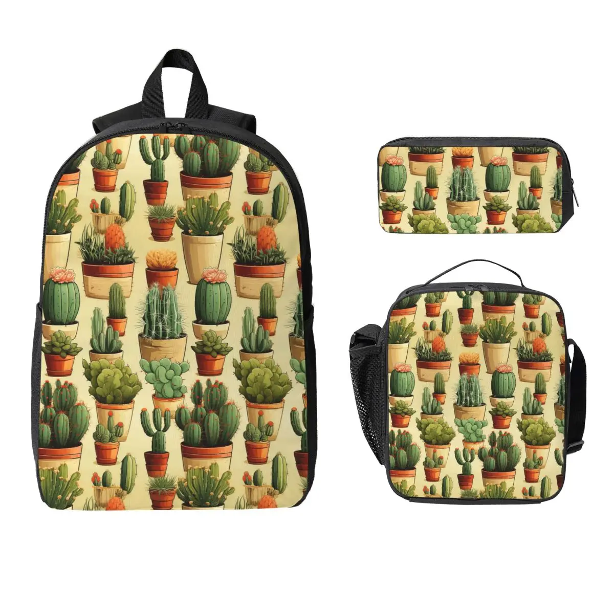Cactus Potted Plant Illustrations Backpack Student BookBag School Bag Computer Shoulder Bags 3ps Insulated Lunch Bag Pencil Case