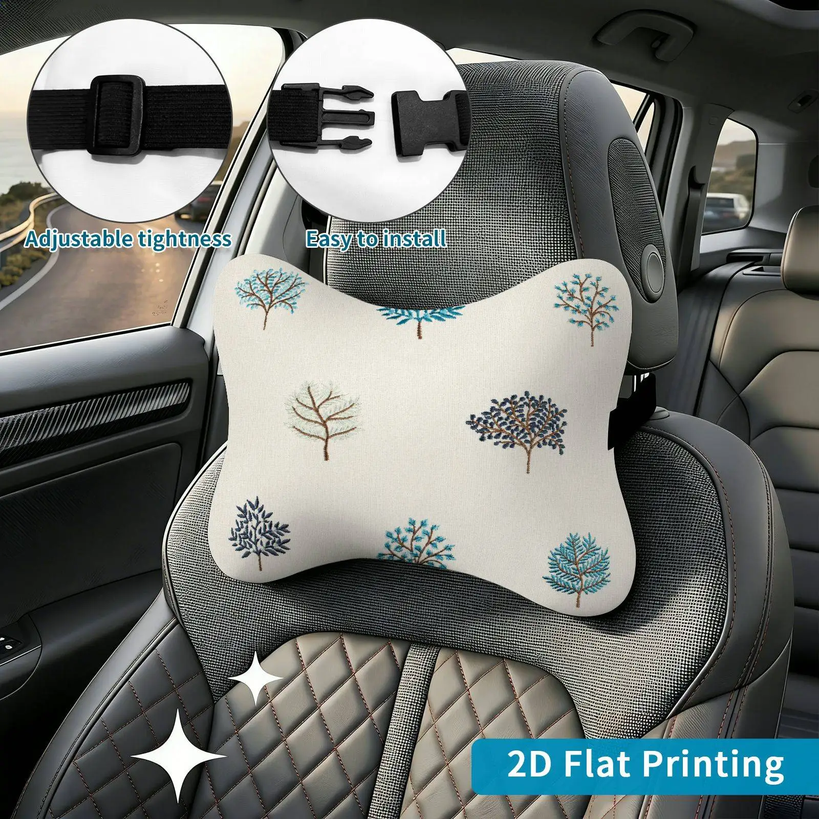 2pcs Tree Print Colorful Trees Nature Pattern Car Seat Headrest, Neck Support Cushion, Suitable For All Seasons Of Car Additions
