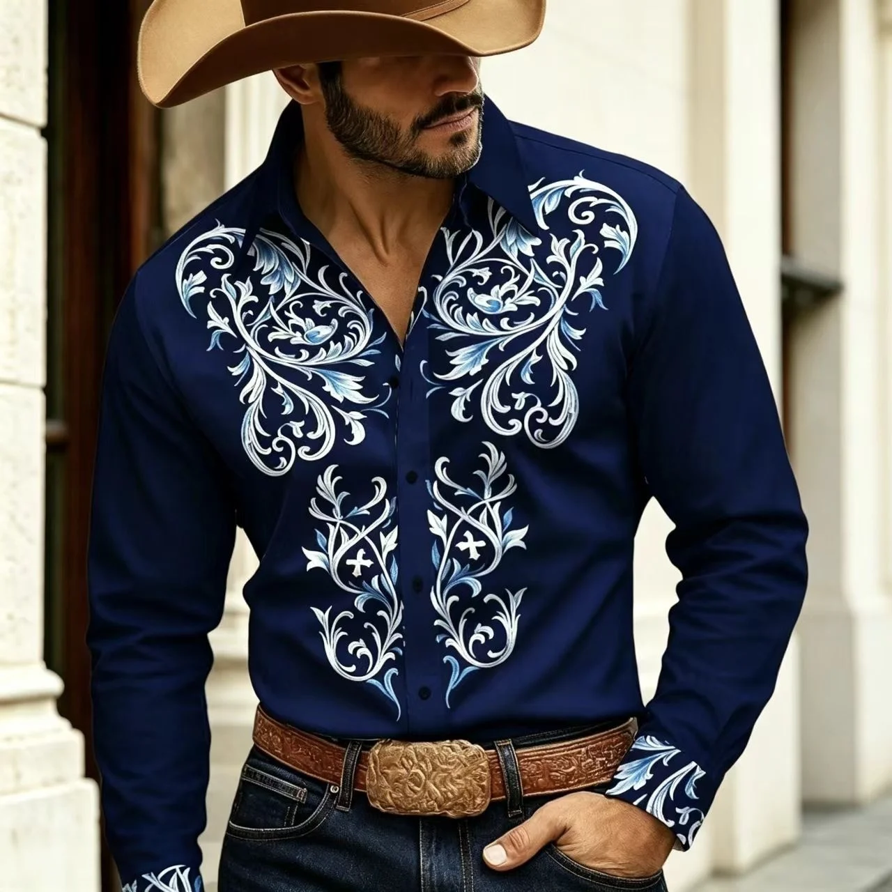 Retro Floral 3D Printed Men's Shirt Western Denim Button Up Long Sleeved Shirt Men's Lapel Casual Fashion Shirt Plus Size