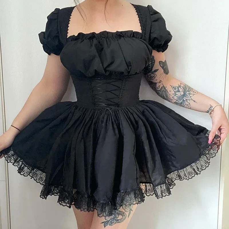 Japanese Kawaii High Waist Puff Sleeve Lace Ruffles Party Club women dress Lolita Princess Black Gothic Sexy Mini Bad Girl Dress