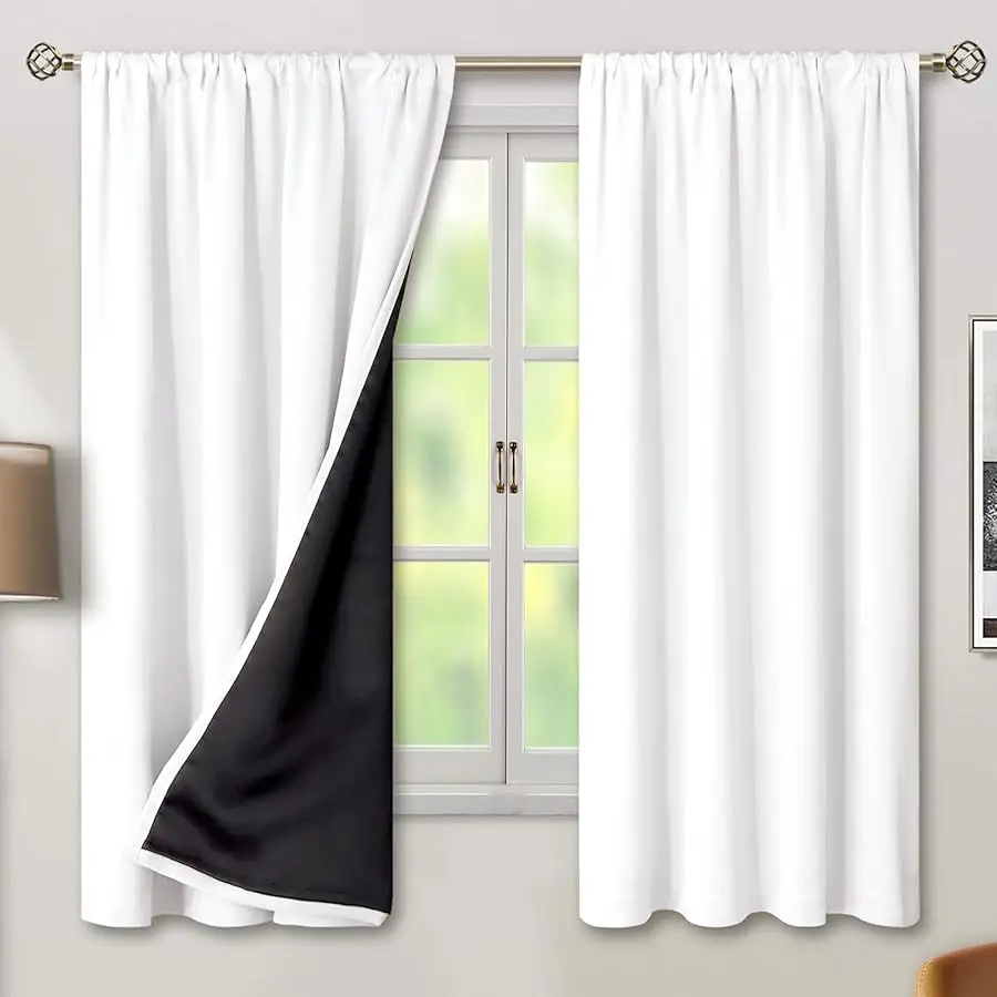 

White Blackout Curtains for Bedroom 63 Inch Long - Thermal Insulated Black Out Curtains Room Darkening Soundproof Rod Pocket Win