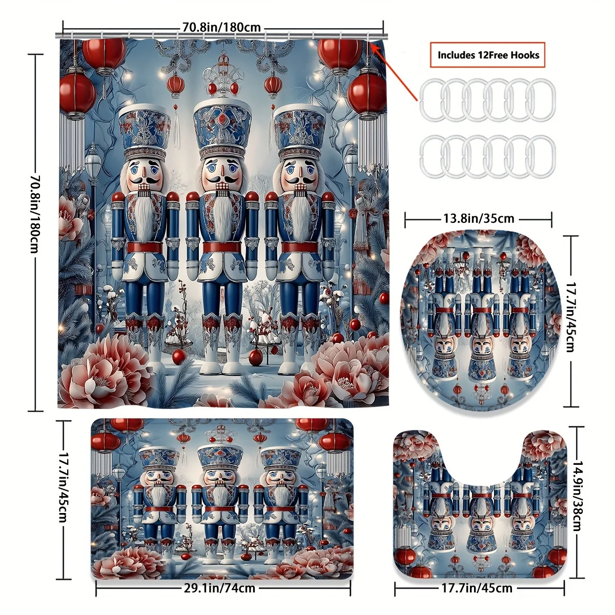 4Pcs Nutcracker Xmas Shower Set, Non-Slip Mat, Toilet Seat Cover & U-Shaped Pad, 12 Hooks Included