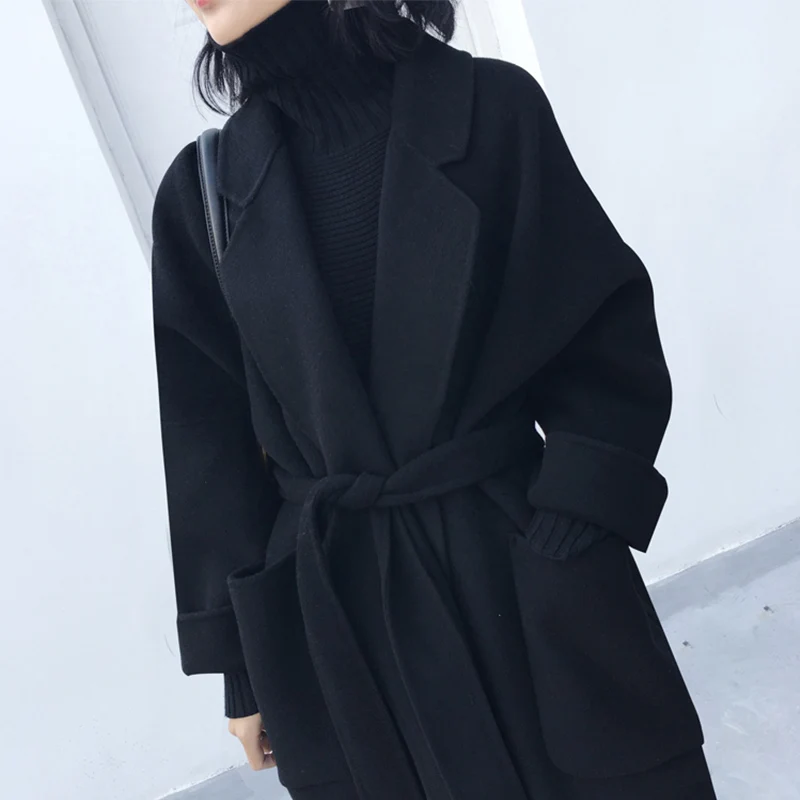 

2025 New Double-sided Cashmere Coat Women Korean Version of Black Loose Bathrobe-style Long Over-the-knee Woolen Coats
