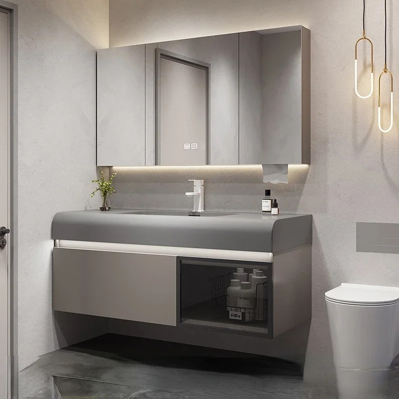 

Office Luxury Slate Bathroom Cabinet Integrated Washbasin Solid Wood Bathroom Sink Vanity Reception Gabinete Trendy Furniture