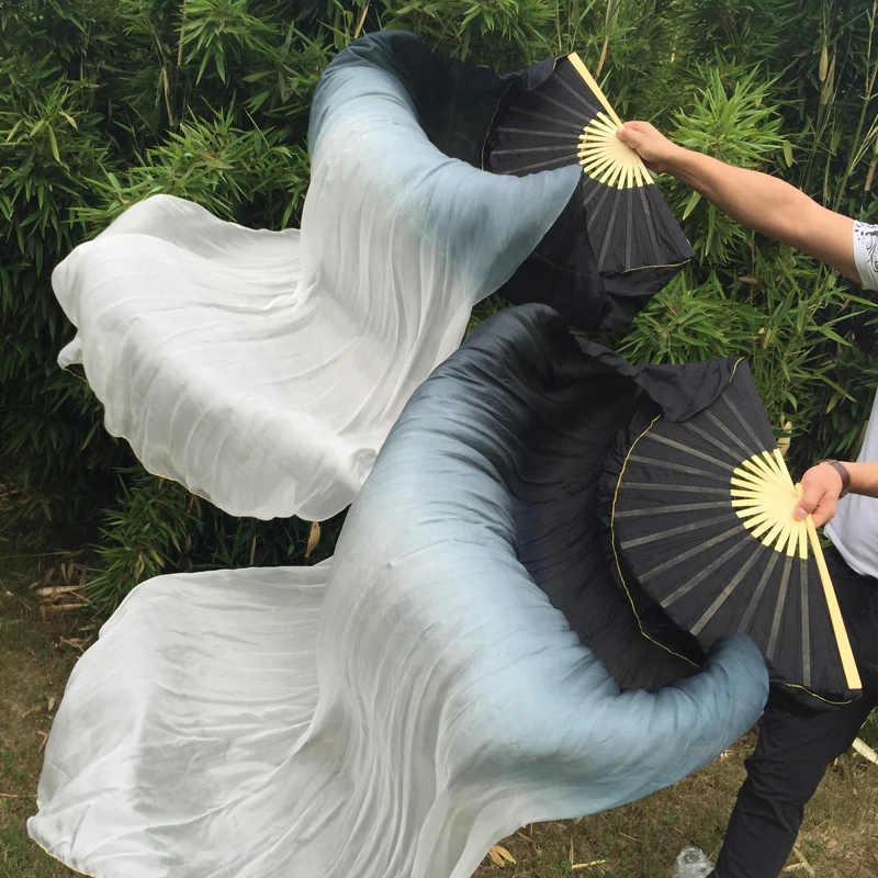 حار بيع أسود/أبيض مختلط الرقص الشرقي 100% الحرير الحقيقي مروحة الحجاب مصبوغ اللون طويل الرقص المشجعين 180 سنتيمتر طول #3