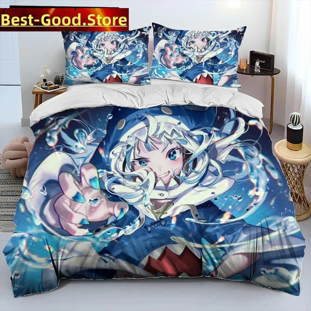 Cute Gawr Gura Hololive Anime Shark Comforter Bedding Set,Duvet Cover Bed Set Quilt Cover Pillowcase,king Queen Size Bedding Set