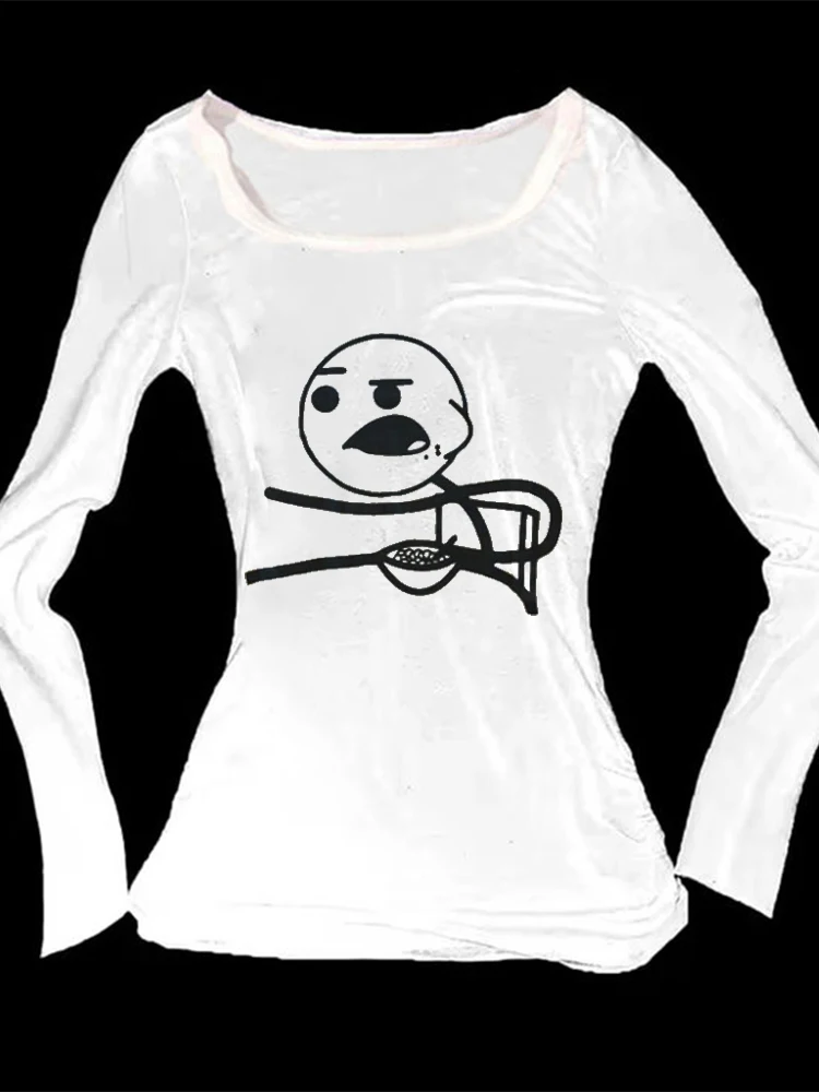 

American funny and interesting big head pattern simple daily versatile women's long sleeved T-shirt daily versatile base shirt