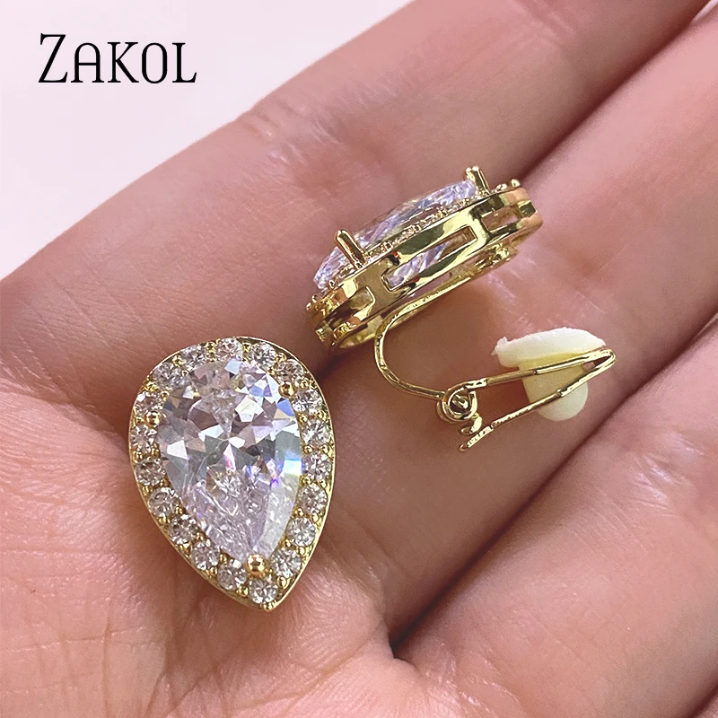 ZAKOL Fashion Water Drop Zircon Clip Earrings Without Piercing Puncture for Women Classic Bridal Wedding Jewelry Dropshipping