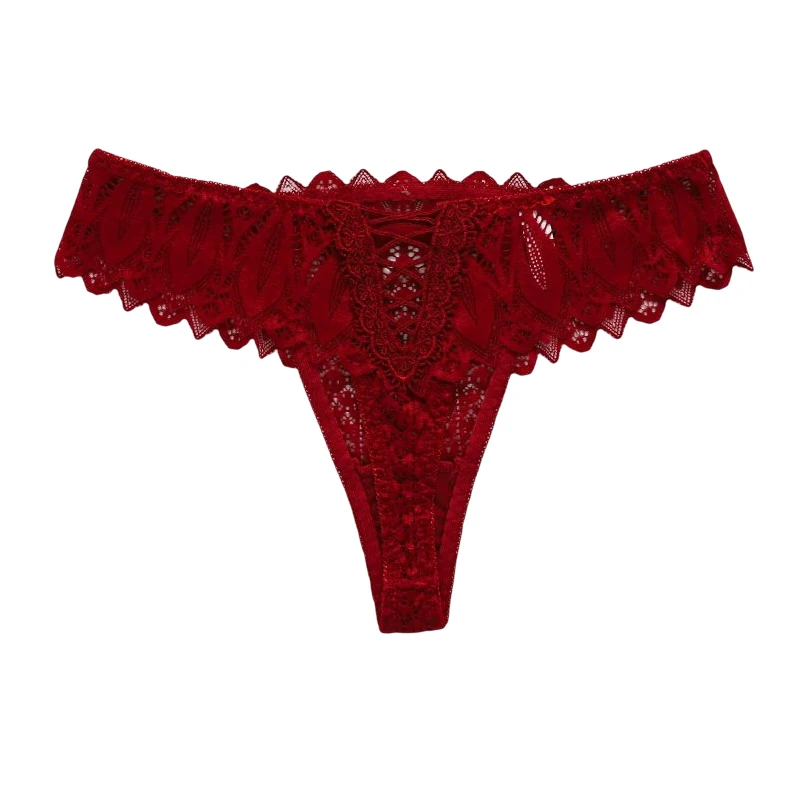 Women's Sexy Lace Thong Breathable Cross Belt Cutout Non-marking Low-rise T-pants Solid Color Charming Soft G-string Underwear