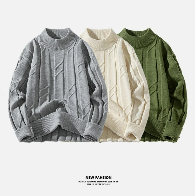 

Autumn Winter Men's Sweater Casual Loose-fit Knitted Pullover Round Neck Base Layer Thickened Trendy Top Men Knitted Sweater
