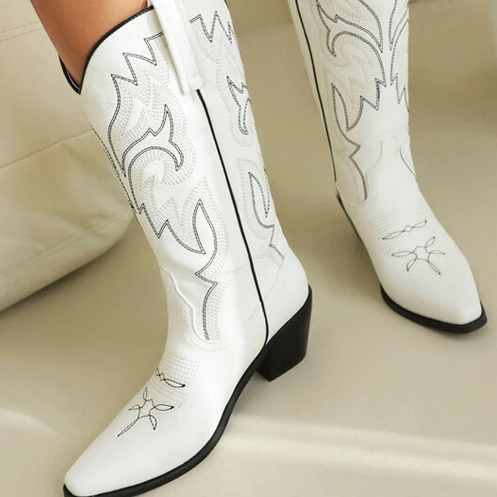

Women Vintage Embroidered Mid Calf Cowgirl Boots Ladies Pointed Toe Square Chunky Heeled Western Boots luxe merken