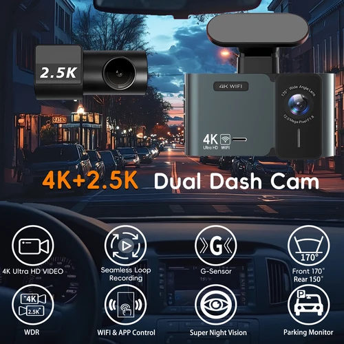 Imagen 2 del producto Cámara para Coche 4K 3840*2160P con WIFI, GPS, Mini DVR, Cámara Delantera y Trasera de Doble Lente 2.5K, Caja Negra, Visión Nocturna, Estacionamiento 24H