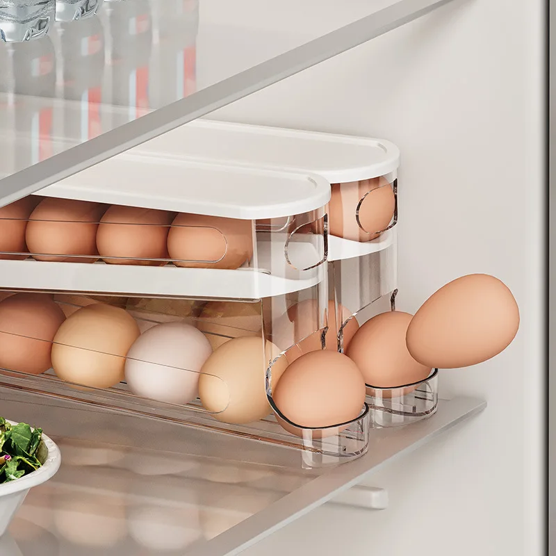 Double Layers Egg Storage Box Refrigerator Automatic Rolling Slide Egg Rack Refrigerator Side Door Freshness Box Kitchen Storage
