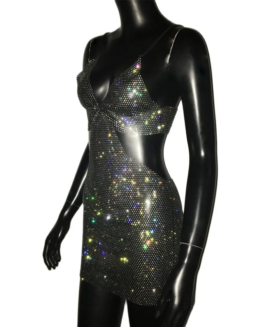 Glitter Strass Mesh Mini Jurk Y 2K Doorzichtig Visnet Backless Diepe V-Hals Jurk Voor Vrouwen Feest Nachtclub Jurken