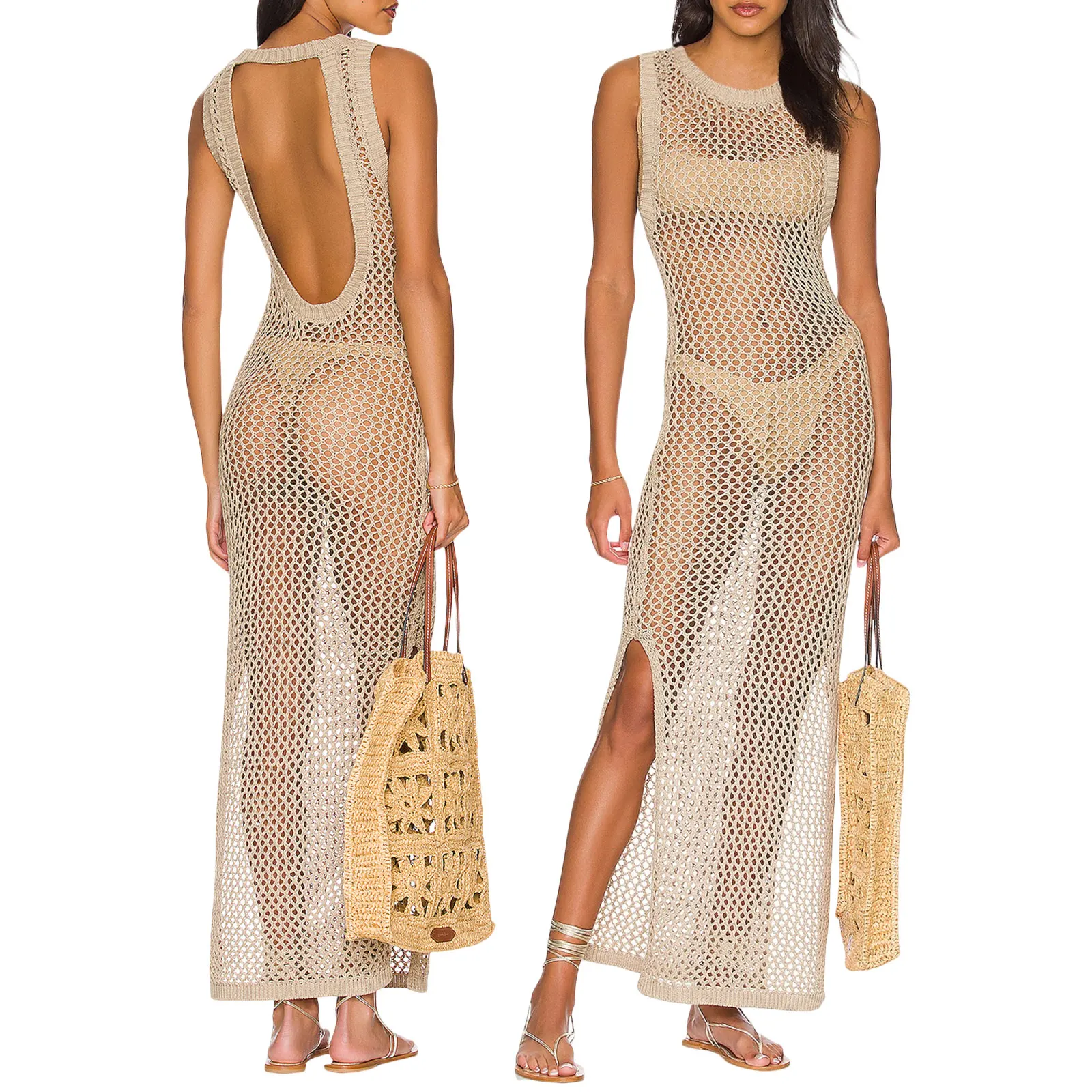 Yiiciovy Women Boho Bikini Cover-Up Dress Knitted Hollow See-through Swimsuit Cover-Up Sexy Backless Crochet Beach Dresses