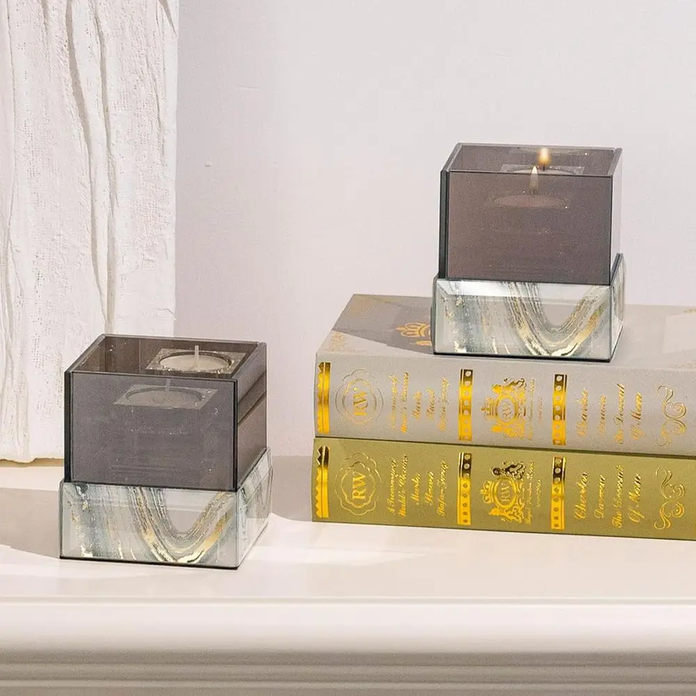 Marble-Patterned Square Glass Candlestick Holder for Elegant Dining, Kitchen, Patio, and Wedding Settings