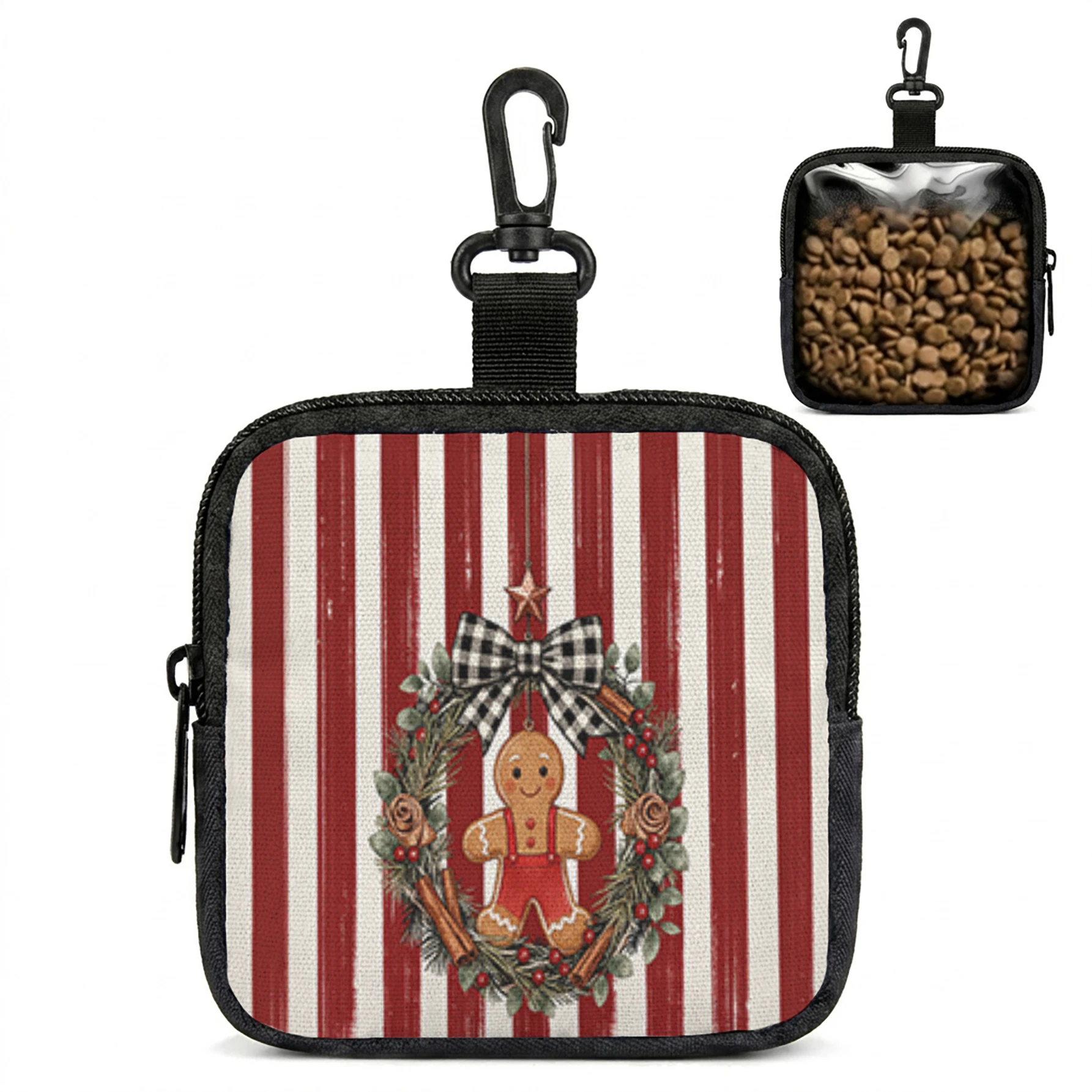 Christmas Gingerbread Man Wreath Stripe Print Pet Treat Bag Mini Zipper Pouch With Carabiner, Portable Dog Snack Pouch