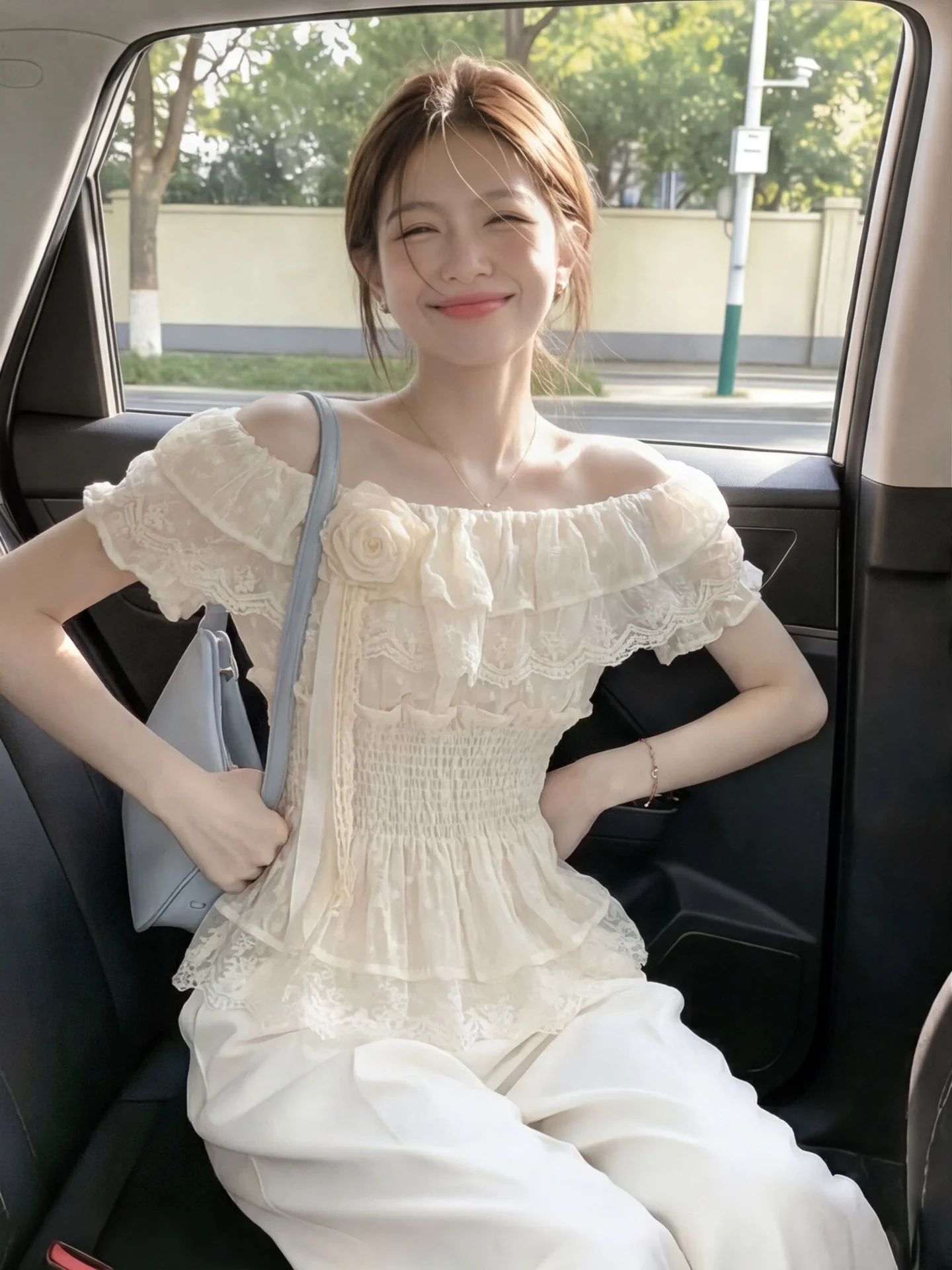 

Peach Blossom Color 3D Flower Embellished Chiffon Shirt Women's Summer Waist-Cinching Skirt Beautiful Simple Design Short Sleeve