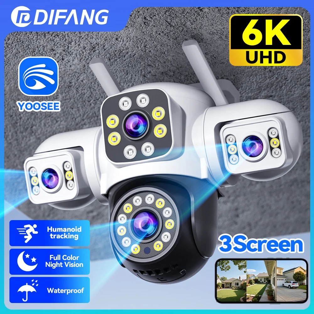 

Уличная Wi-Fi камера видеонаблюдения DIFANG 6 МП с PTZ, 3 объективами, 3 экранами, PIR-датчиком движения, ночным видением, AI-отслеживанием и круглосуточной записью 24/7