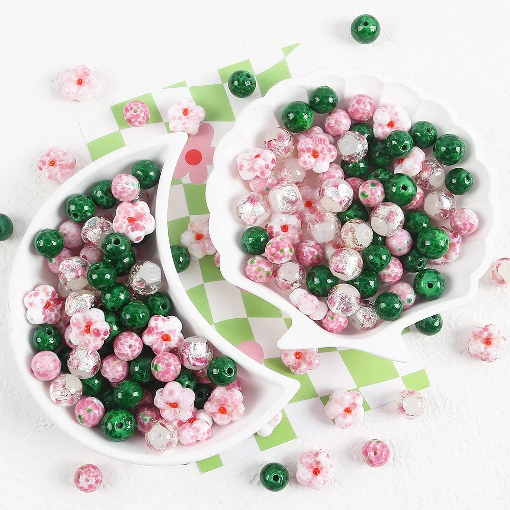 

5pcs Round Balls Flat Round Beads Glazed Print Lampwork Beads Glass Beads For Jewelry Making Diy Bracelet Accessories