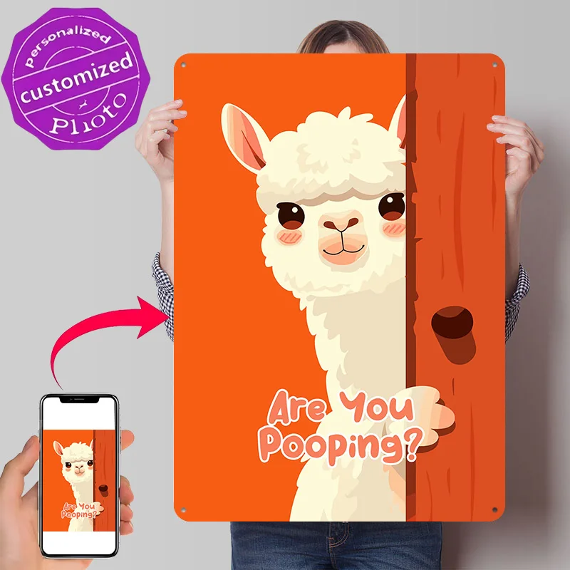 Funny Llama Peeking Cartoon Illustration Metal Poster Perfect Gift for Fans Lovers Personalized Wall Art Metal Sign for Decor