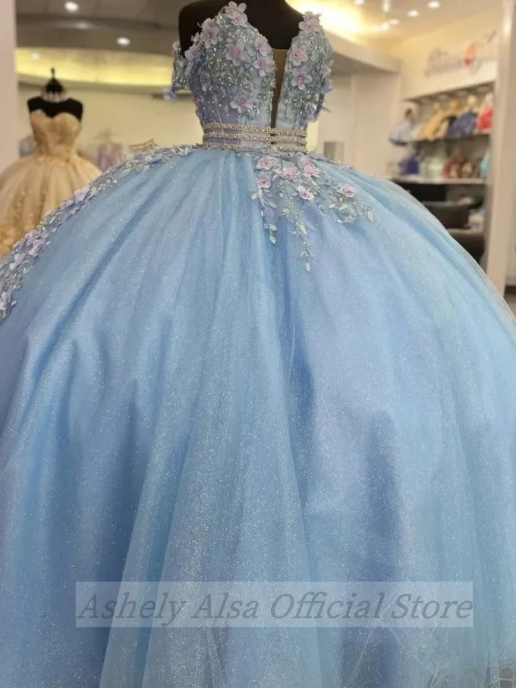 Vestidos de quinceañera azul bebé personalizados con hombros descubiertos flores 3D dulce 14 16 años princesa vestido de fiesta de graduación vestidos de 15 anos