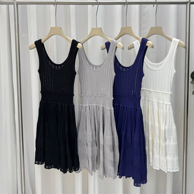 High-qualitySummerNew women's ribbed knit vest dress y2kFashion casualStretch slimWaist knit hollow solidColor A-line mini skirt