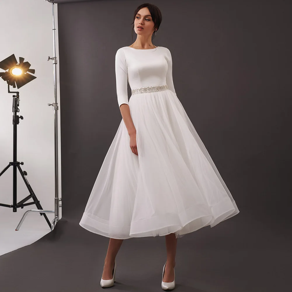 Customized Short Wedding Dress O Neck 3/4 Sleeves A Line Midi Wedding Gowns White Tulle Tea Length Beaded Simple Bridal Dresses