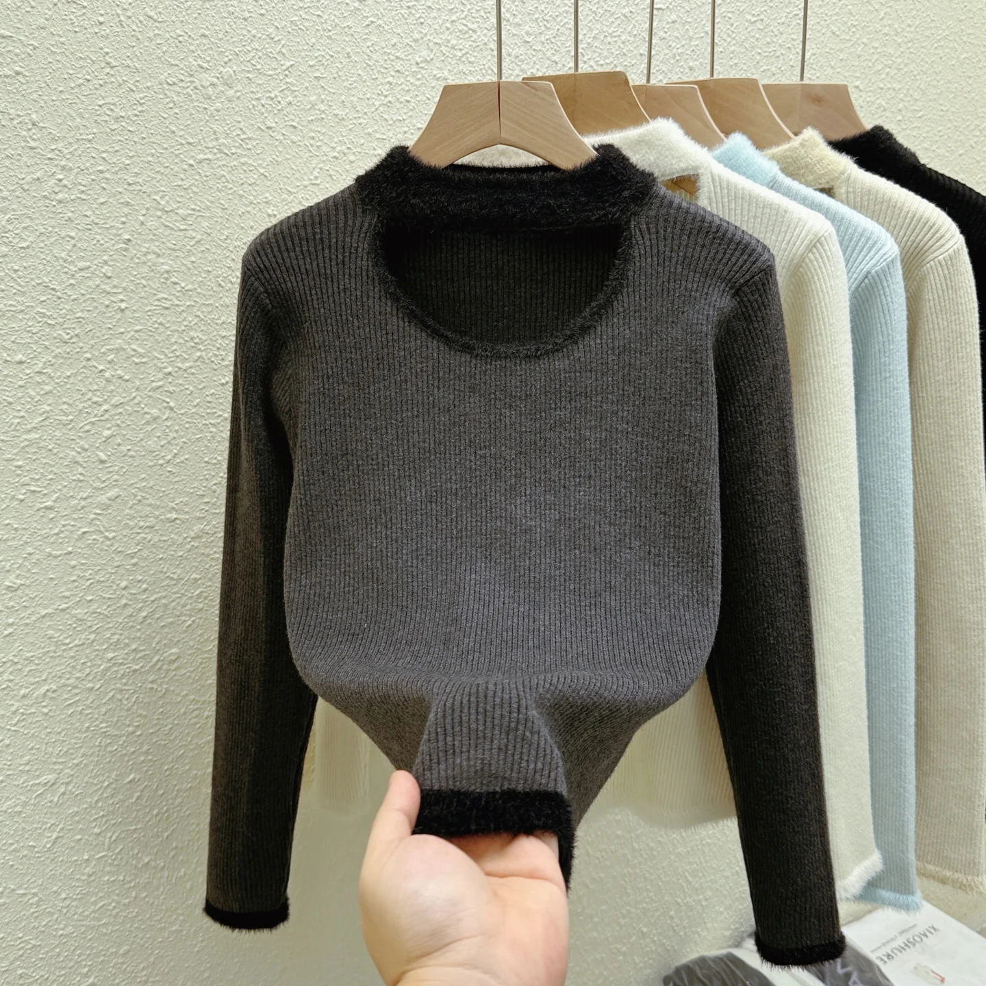 الخريف الشتاء الجوف خارج المرأة سميكة محبوك أعلى عالية وهمية الرقبة تريكو الملابس الدافئة الناعمة سترة #2